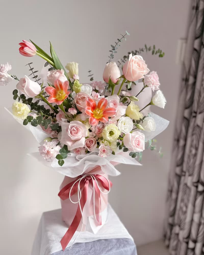 【鮮花】粉橘色玫瑰鬱金香康乃馨鮮花花束