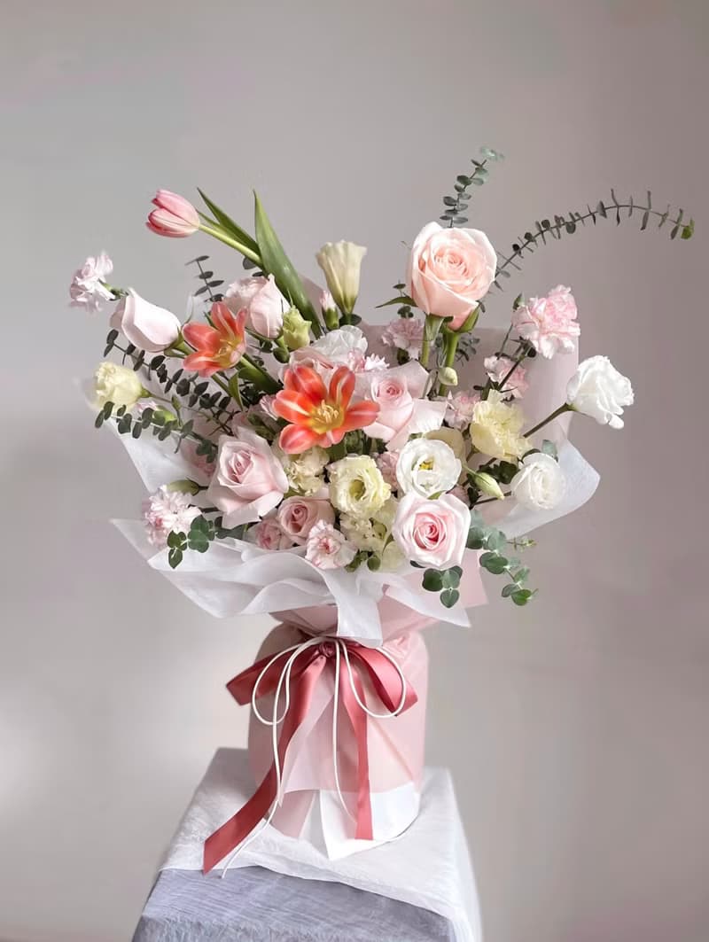 【鮮花】粉橘色玫瑰鬱金香康乃馨鮮花花束