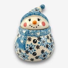 波蘭手繪手工陶-雪人收納罐 (小) 15cm 聖誕雪花系列(藍) 入門款