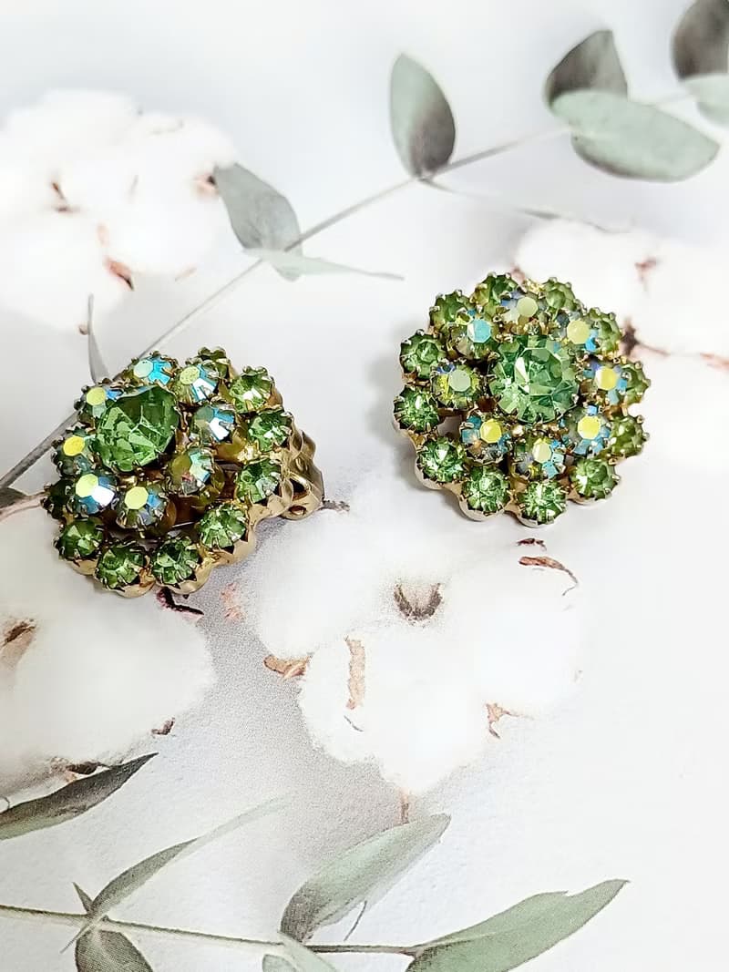vintage jewelry  璀璨花簇萊茵鑽 夾式耳環