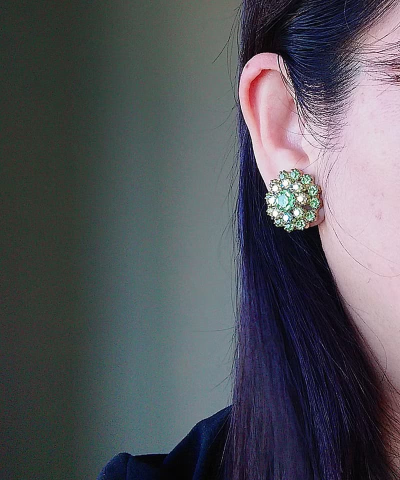 vintage jewelry  璀璨花簇萊茵鑽 夾式耳環