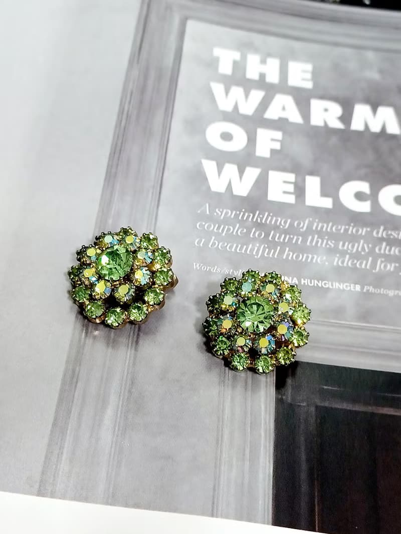 vintage jewelry  璀璨花簇萊茵鑽 夾式耳環