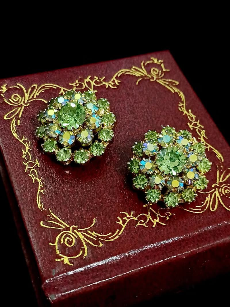 vintage jewelry  璀璨花簇萊茵鑽 夾式耳環
