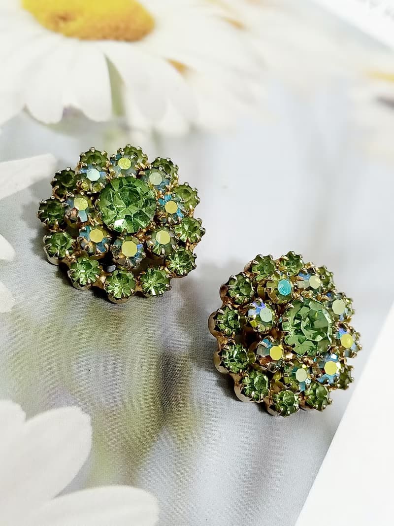 vintage jewelry  璀璨花簇萊茵鑽 夾式耳環