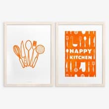 Orange utensils pattern Happy kitchen sign Gallery wall set of 2 Linocut prit