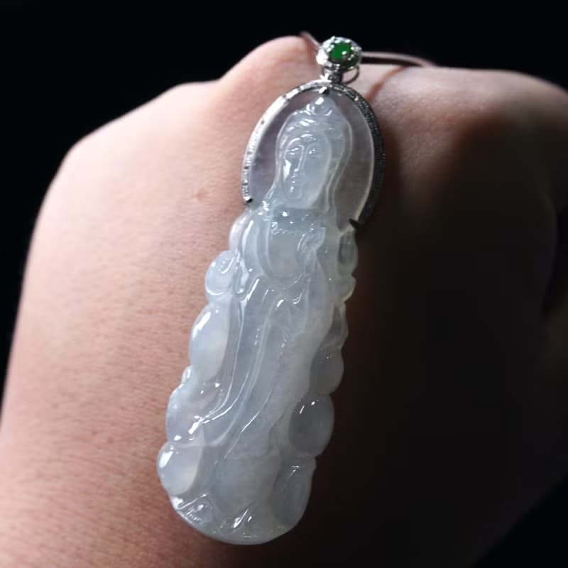 冰種翡翠觀音菩薩項鍊 18K金鑽石鑲嵌 | 天然緬甸玉翡翠A貨 |送禮