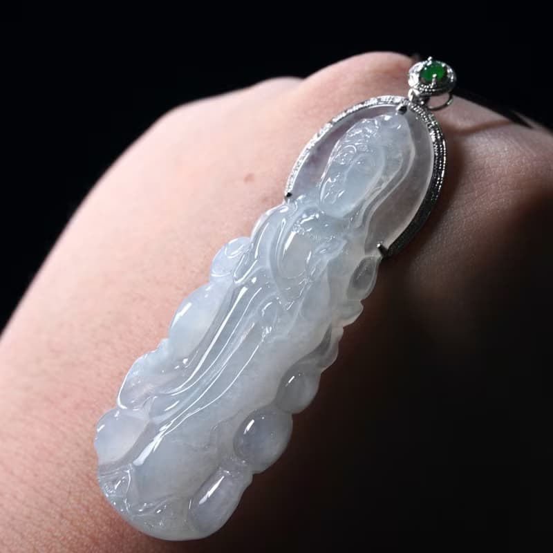 冰種翡翠觀音菩薩項鍊 18K金鑽石鑲嵌 | 天然緬甸玉翡翠A貨 |送禮