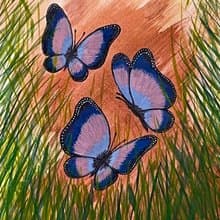 Cheerful dancing butterflies in green grass. Watercolor.