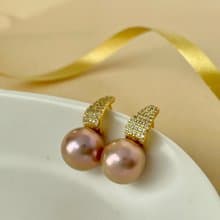 天然淡水珍珠 紫色珍珠 重工 滿鑲 純銀耳環