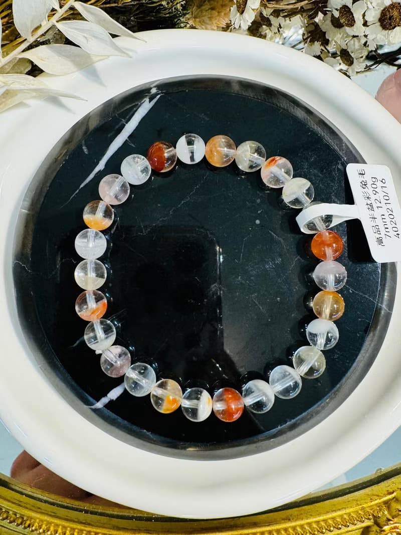 春天色糖果玻璃體半盆彩兔毛水晶7mm12.90g手珠稀有紫兔毛藍兔毛