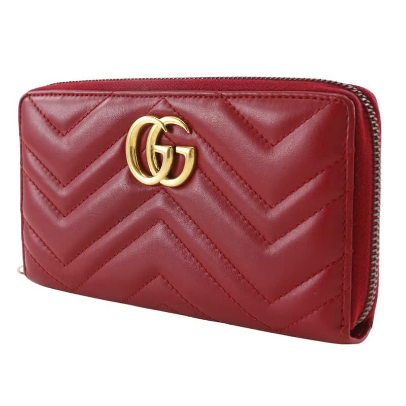 【日本直送】グッチ GUCCI ダブルG ジップアラウンドウォレット 長財布 GGマーモン シェブロンキルティング 443123 レザー 赤 レディース【中古】