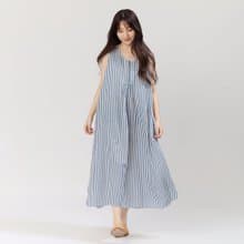 Nana無袖前摺直條印花長洋裝/藍白