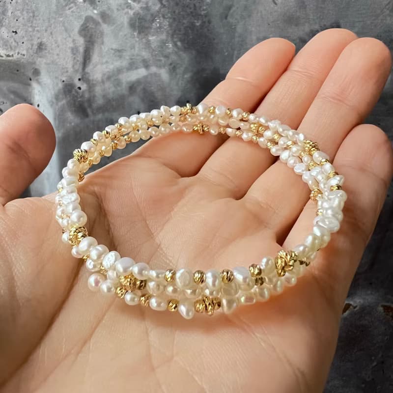 多圈天然巴洛克迷你珍珠手鐲手環