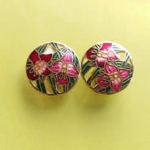 【西洋古董飾品 】景泰藍 紅色調 雙朵百合花卉 夾式耳環