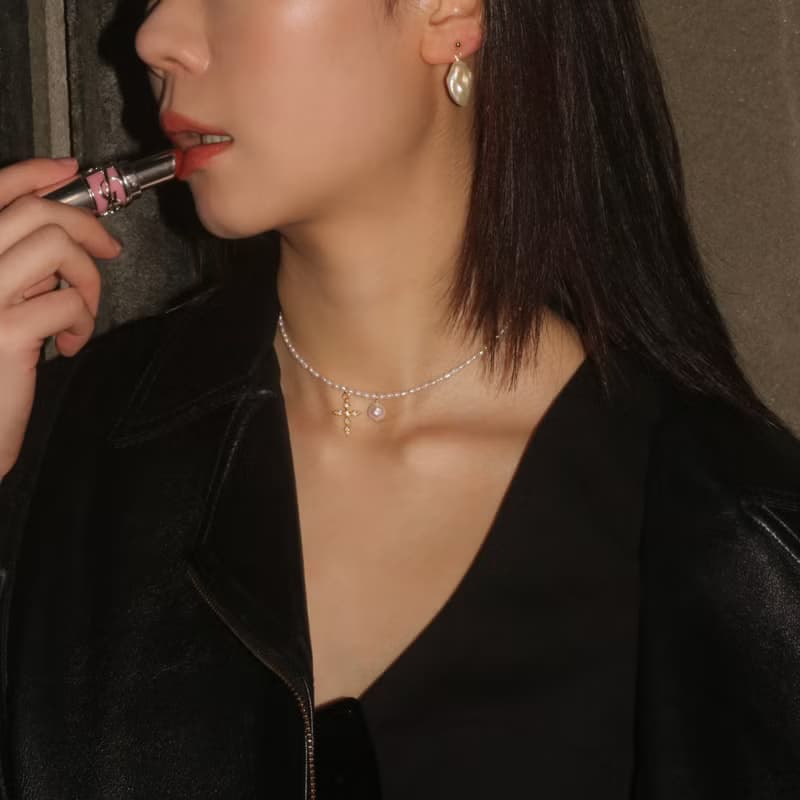 【手作設計】(現貨)Rebel 巴洛克十字架天然米粒珍珠項鍊