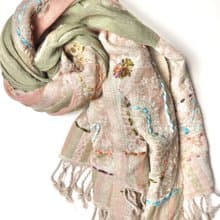 【聖誕禮物】喀什米爾水煮羊毛手工刺繡圍巾披肩粉綠拼紗透紗接