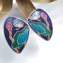 【西洋古董飾品 】景泰藍 紫底 蝴蝶 荷花花苞 花卉 針式耳環