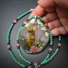 Necklace with rabbit, bumblebee Painting Agate stone Christmas Gift Wrapping