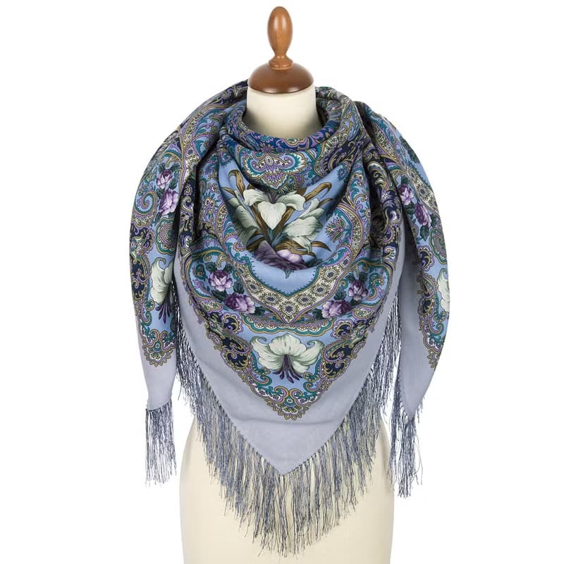 Pavlovo Posad Russian Shawl 100% Wool Scarf 125x125 cm Wrap Silk Fringe 1862-1