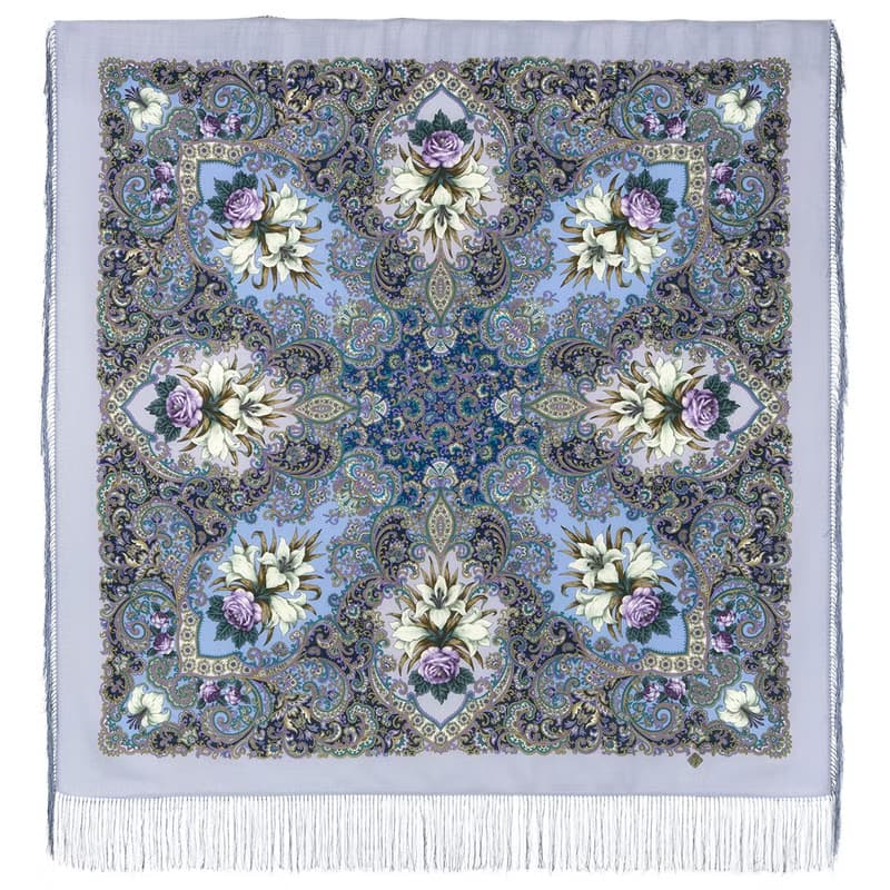Pavlovo Posad Russian Shawl 100% Wool Scarf 125x125 cm Wrap Silk Fringe 1862-1