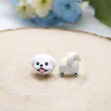 全手制 米白色 北京犬耳環 耳釘/耳夾