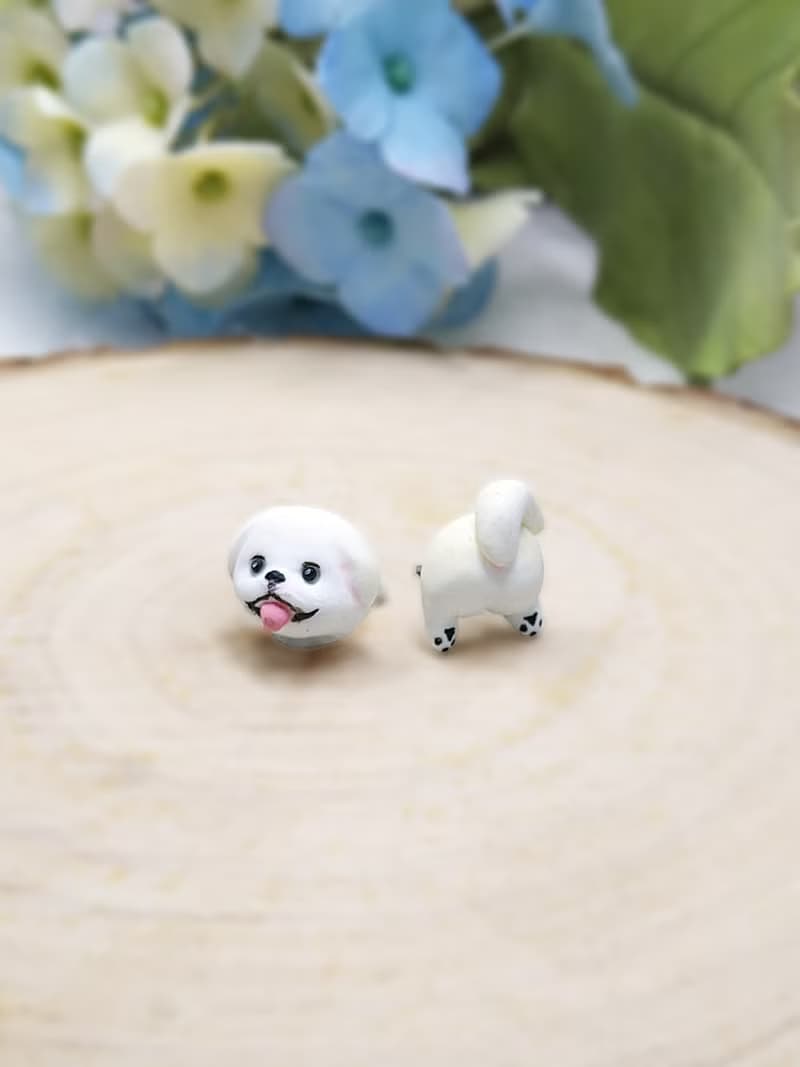 全手制 米白色 北京犬耳環 耳釘/耳夾