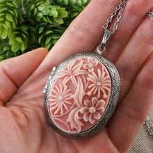 Photo Locket Pink Flower Floral Cameo Oval Pendant Necklace Woman Jewelry Gift