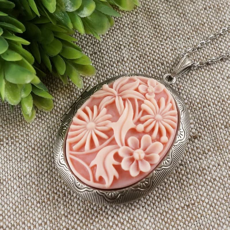 Photo Locket Pink Flower Floral Cameo Oval Pendant Necklace Woman Jewelry Gift