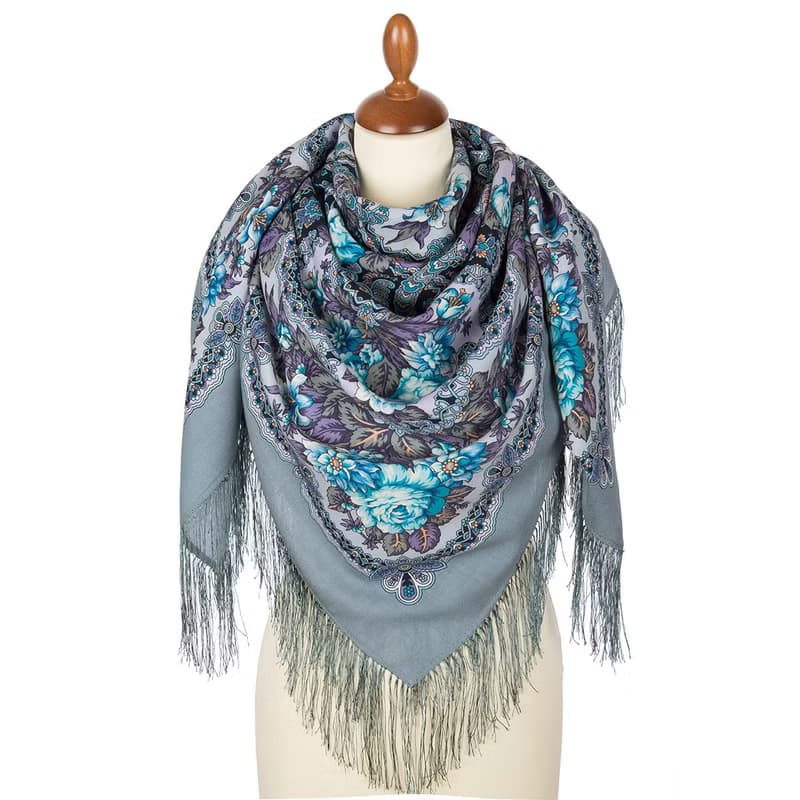 Pavlovo Posad Russian Shawl 100% Wool Scarf 125x125 cm Wrap Silk Fringe 1882-11