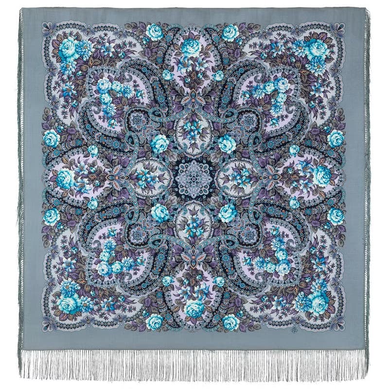Pavlovo Posad Russian Shawl 100% Wool Scarf 125x125 cm Wrap Silk Fringe 1882-11