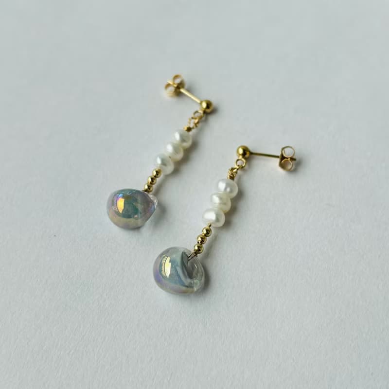 藍光玻璃珠 日本 淡水珍珠 耳環  14K GF 手作