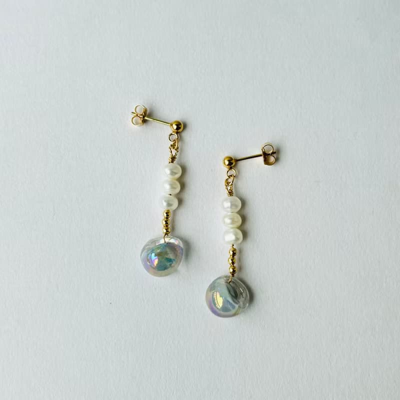 藍光玻璃珠 日本 淡水珍珠 耳環  14K GF 手作
