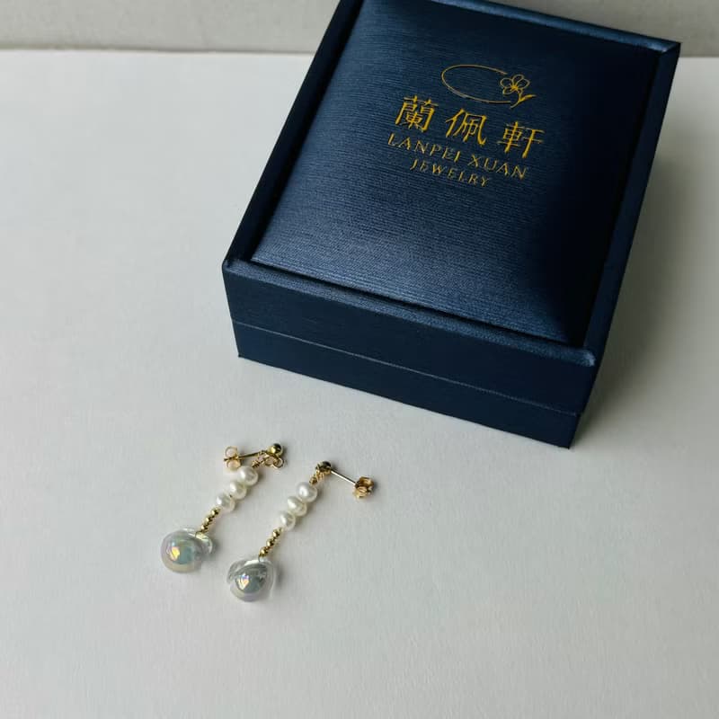 藍光玻璃珠 日本 淡水珍珠 耳環  14K GF 手作