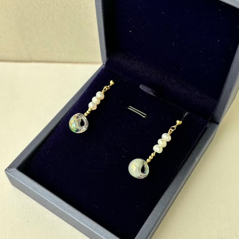 藍光玻璃珠 日本 淡水珍珠 耳環  14K GF 手作