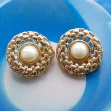 Vintage Jewelry 西洋古董飾品 大圓簍空 仿珠 夾式耳環