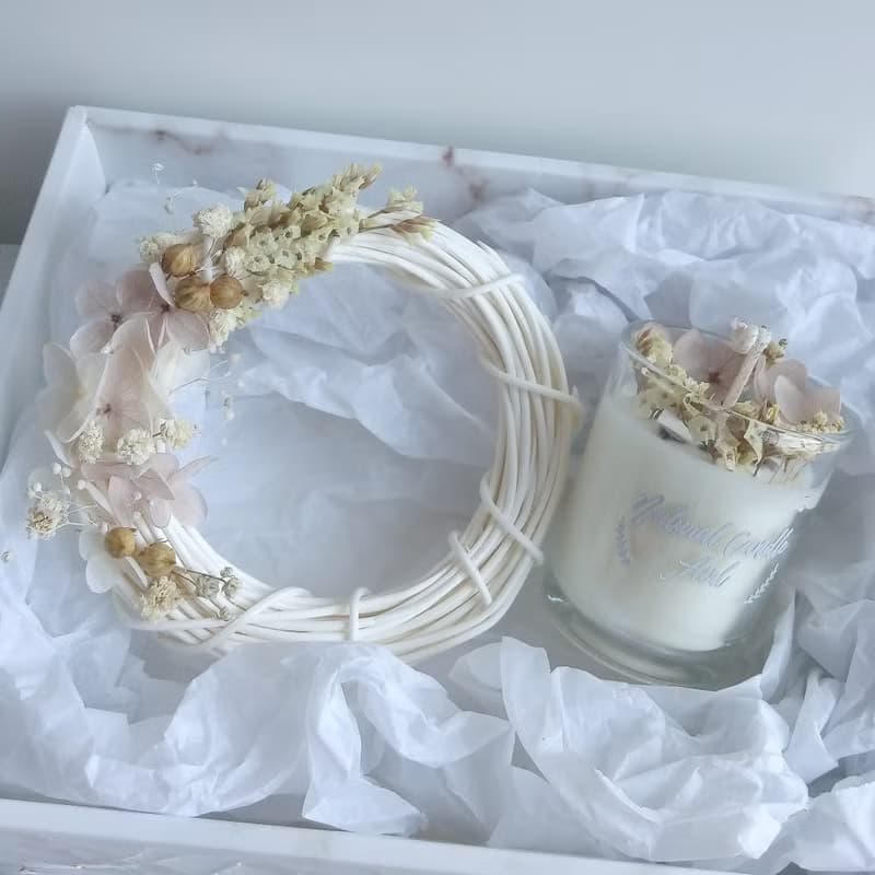 【禮盒】花環彩幽靈大豆香氛蠟燭組合 粉水晶玻璃杯 結婚小物