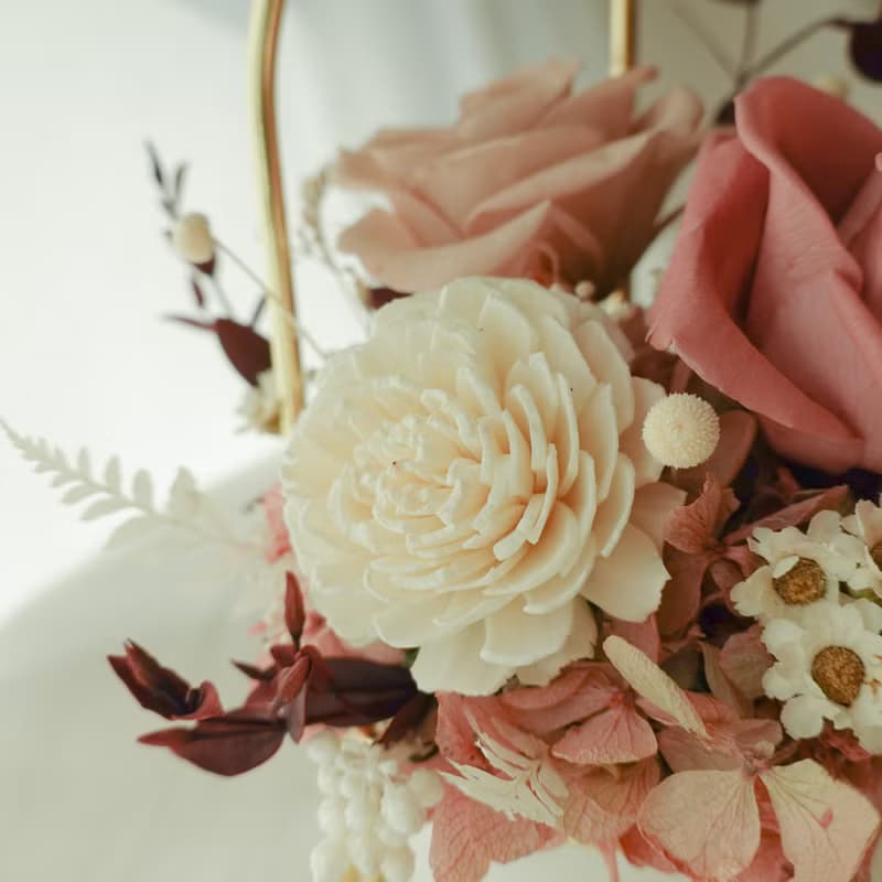 永生花愛心提把盆花-莫蘭迪粉