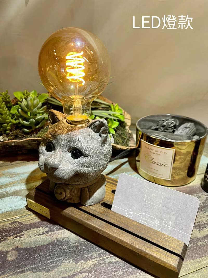 曙MUSE 貓咪木底名片座桌燈 LED燈 鎢絲燈泡 USB燈 擺飾 毛孩