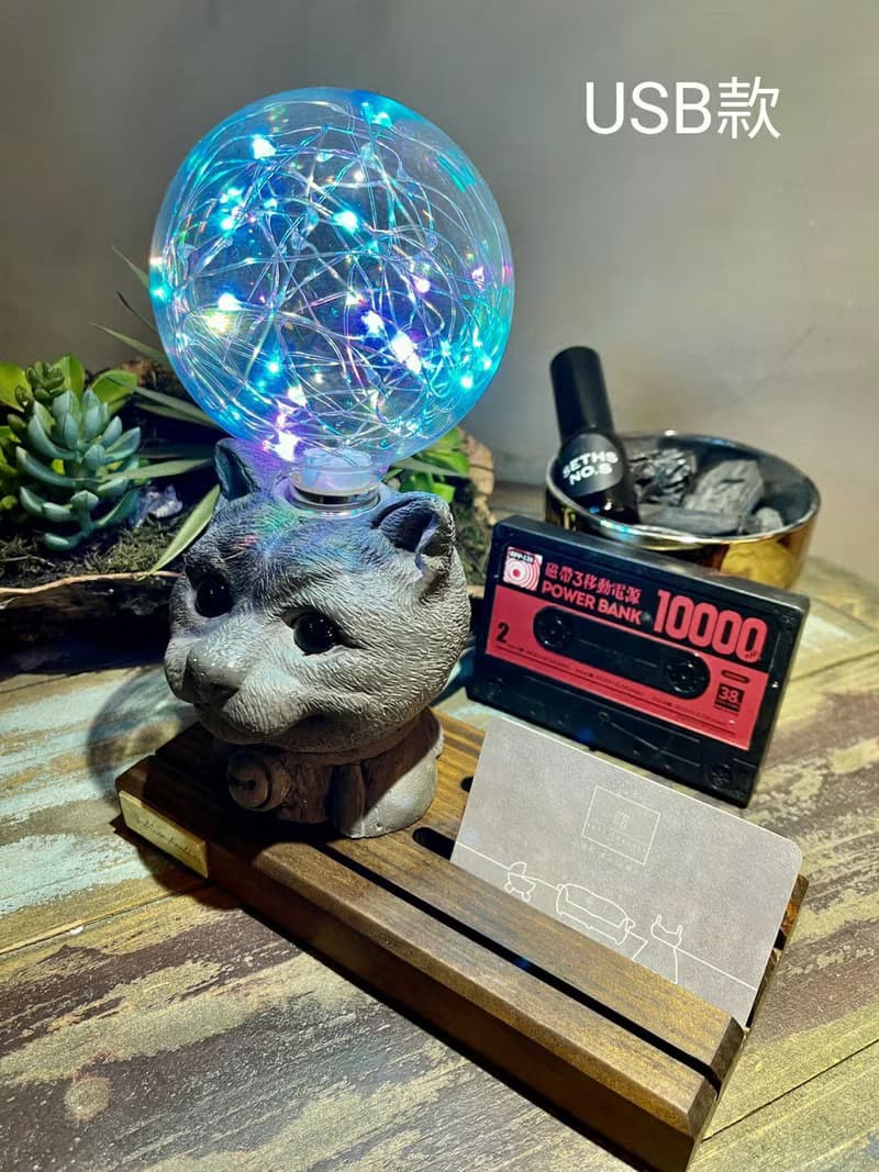 曙MUSE 貓咪木底名片座桌燈 LED燈 鎢絲燈泡 USB燈 擺飾 毛孩