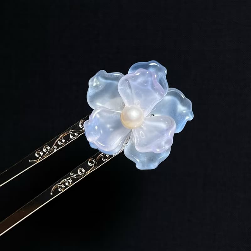 透藍紫櫻草花綴珍珠髮簪 ‧ 一物一圖 ‧