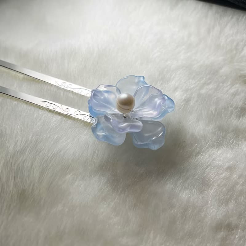 透藍紫櫻草花綴珍珠髮簪 ‧ 一物一圖 ‧