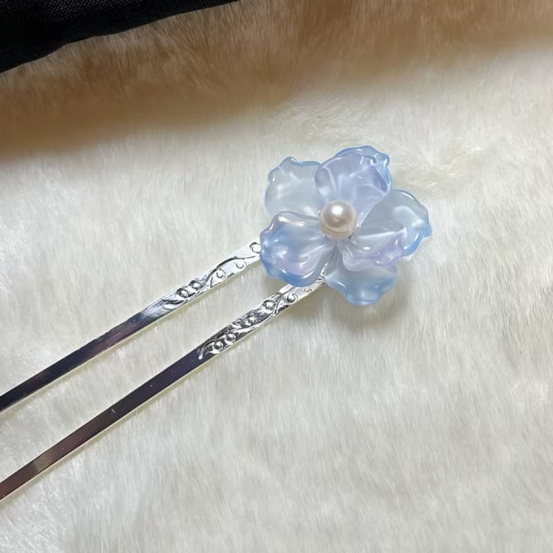 透藍紫櫻草花綴珍珠髮簪 ‧ 一物一圖 ‧