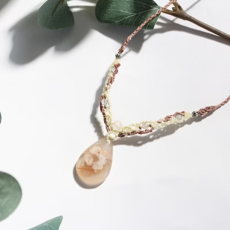 天然石櫻花瑪瑙蠟線編織項鍊
