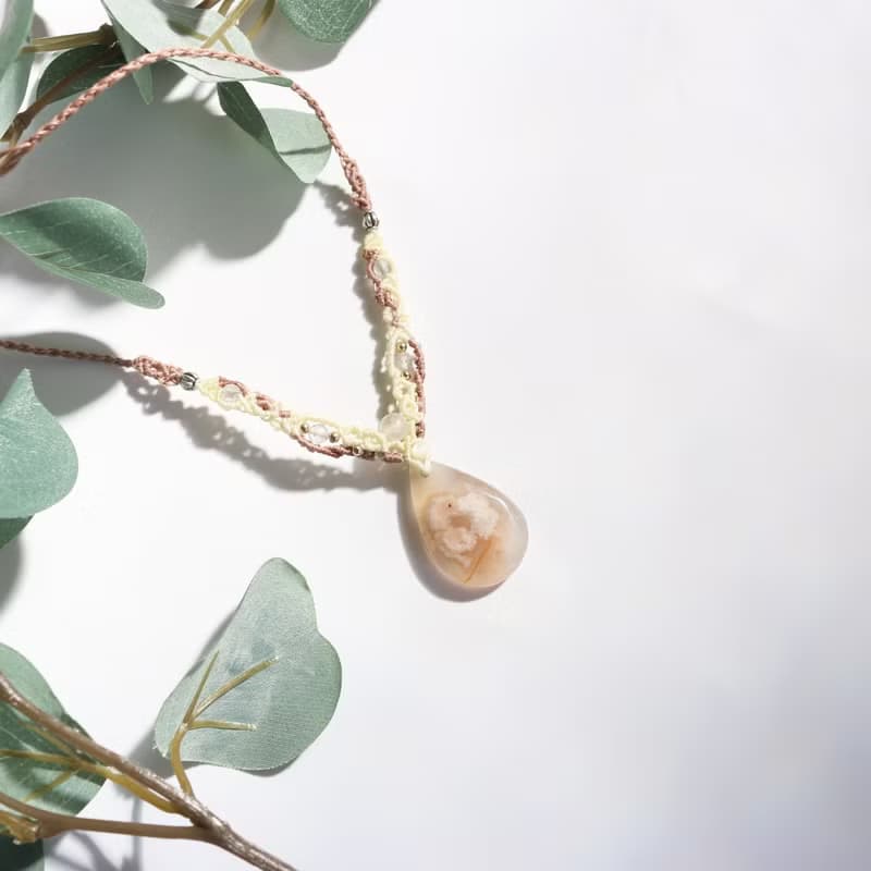 天然石櫻花瑪瑙蠟線編織項鍊