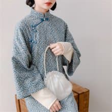 淡藍色 秋冬碎花盤扣寬袖寬鬆旗袍 新中式中秋春節改良連身裙洋裝