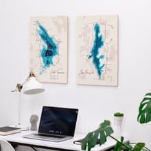 3D 水彩風格湖泊平面圖、湖泊深度圖、家居牆壁裝飾、太浩湖藝術