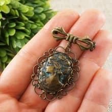 Lady Girl Cameo Victorian Epoch Vintage Bronze Bow Brooch Pin Woman Jewelry Gift