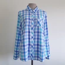 Small Vintage TOMMY HILFIGER White Blue Gingham Shirt Womens Long Sleeve Blouse