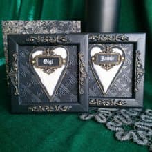 Black Valentines gift of two black frames with hearts in gift box