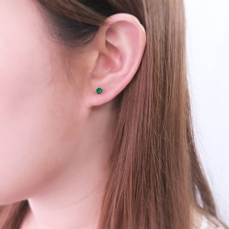 翡翠綠 圓形純銀 4mm 單鑽耳環 爪鑲 925純銀 女生耳環 男生耳環